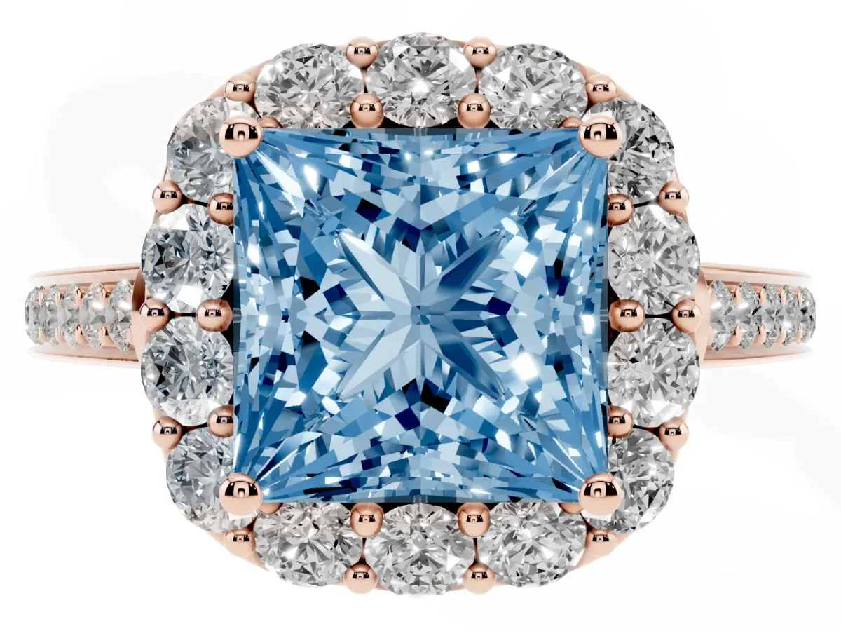 Fancy Blue Princess Cut Diamond Floral Halo Ring with Pavé Band and Prong Setting Rose gold