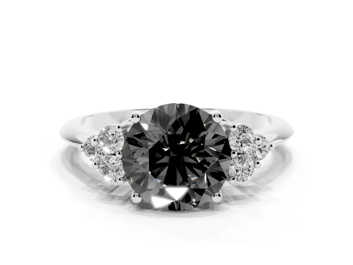 Fancy Black Round Cut Cut Diamond Cluster Ring with Solitaire Band and Four-Prong Setting Silver
