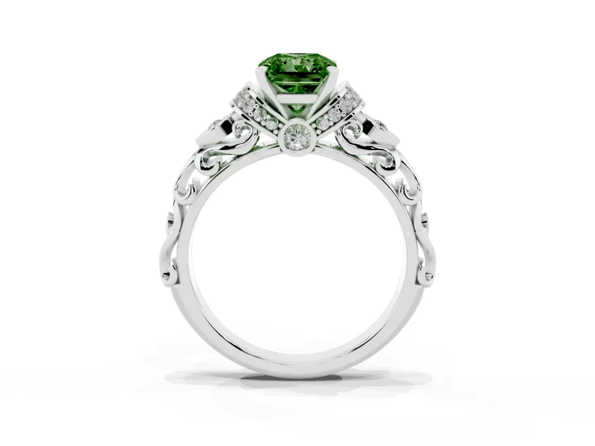 Fancy Green Radiant Cut Diamond Solitaire Ring with Filigree Band and Four-Prong Setting Silver