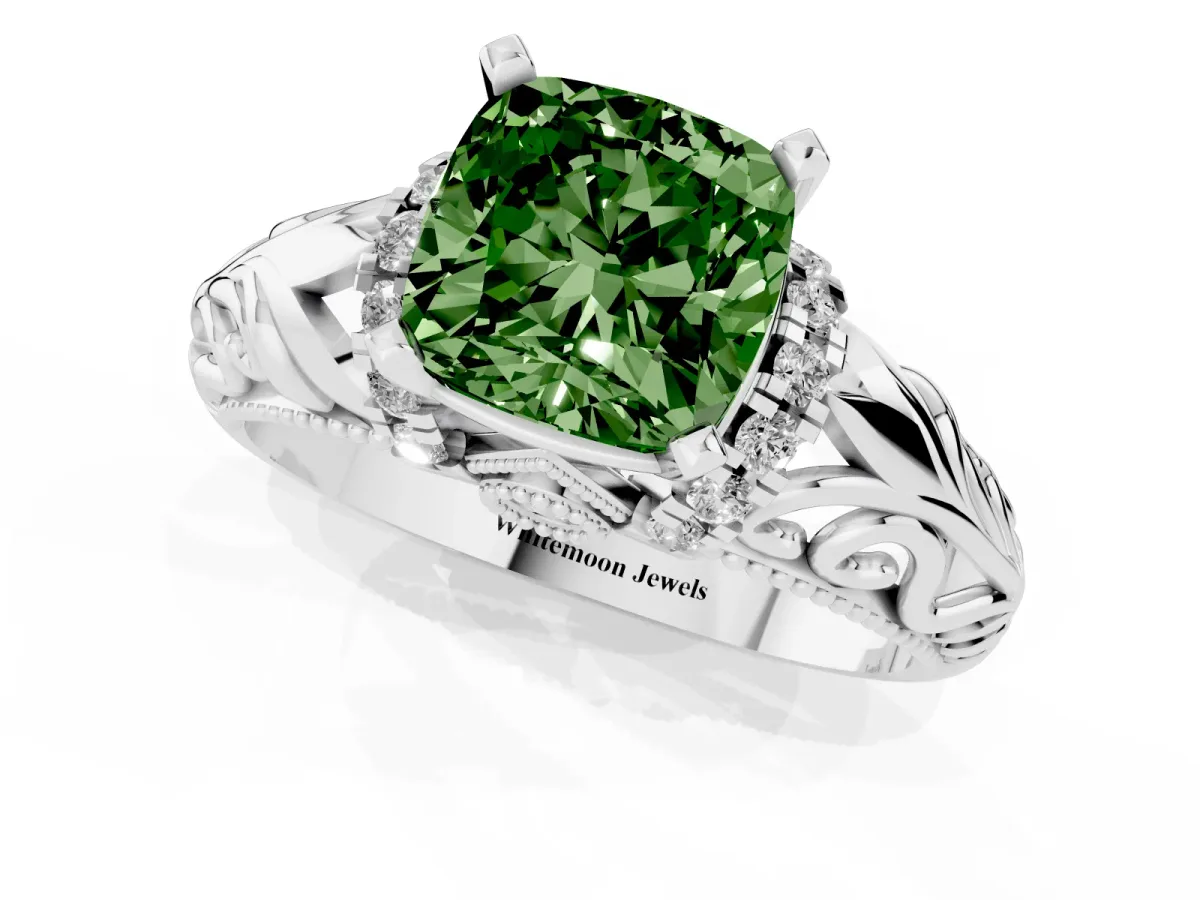 Fancy Green Cushion Cut Solitaire Filigree Engagement Ring with Halo and Prong Setting Silver