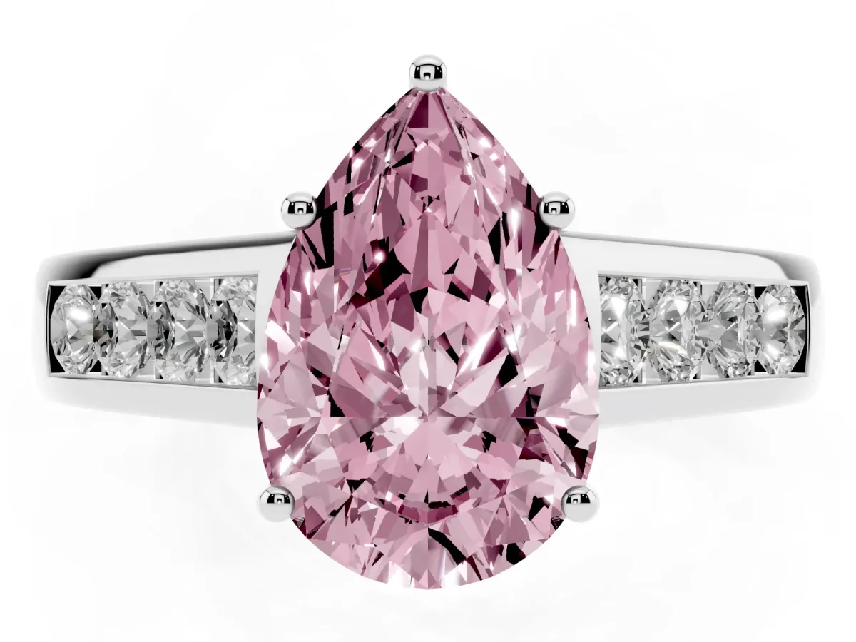 Fancy Pink Pear Cut Solitaire Channel-Set Diamond Engagement Ring with Four-Prong Setting Silver