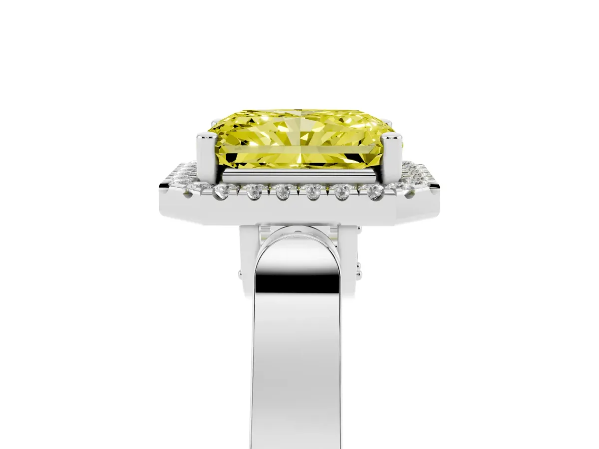 Fancy Yellow Radiant Cut Halo Round Diamond Twist Band with Four-Prong Setting White gold