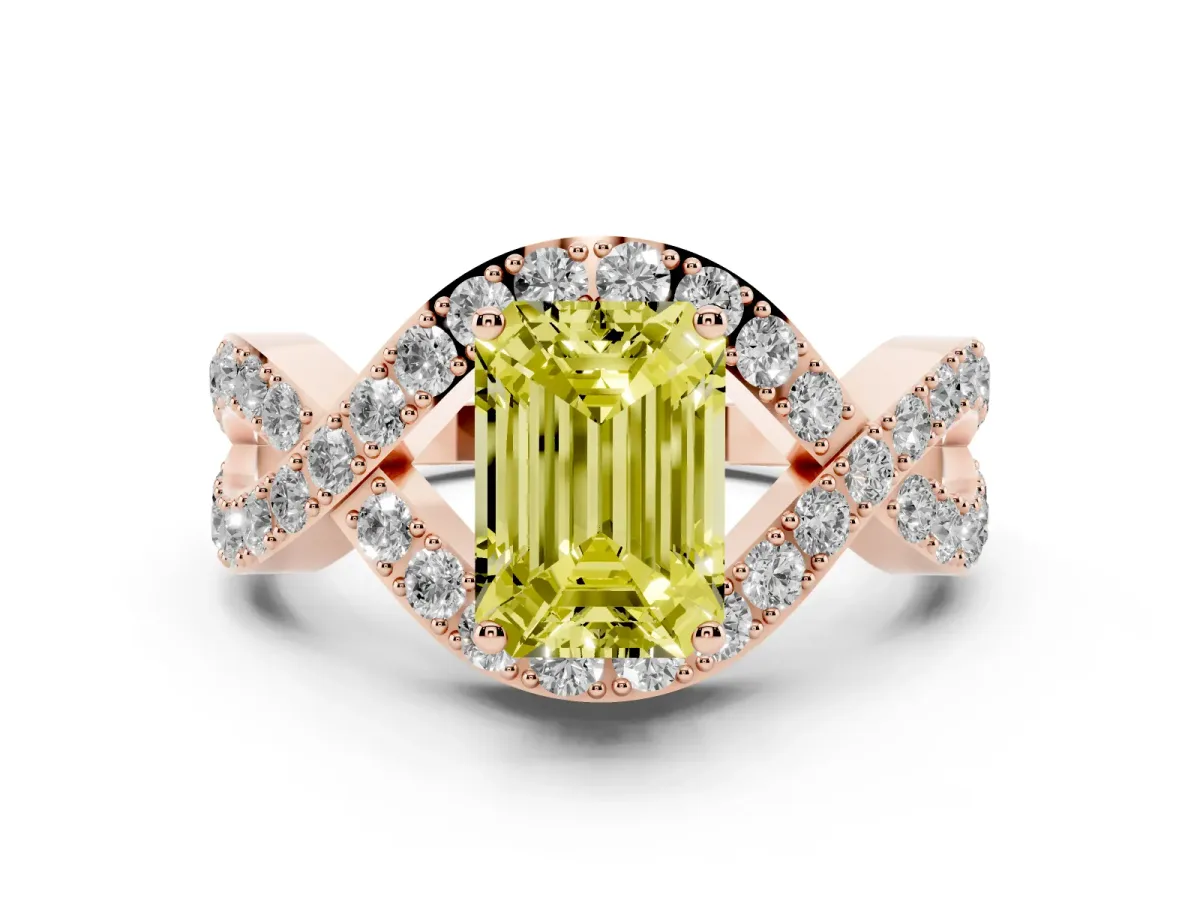 Fancy Yellow Emerald Cut Solitaire Twist Band Pavé Diamond Engagement Ring Rose gold