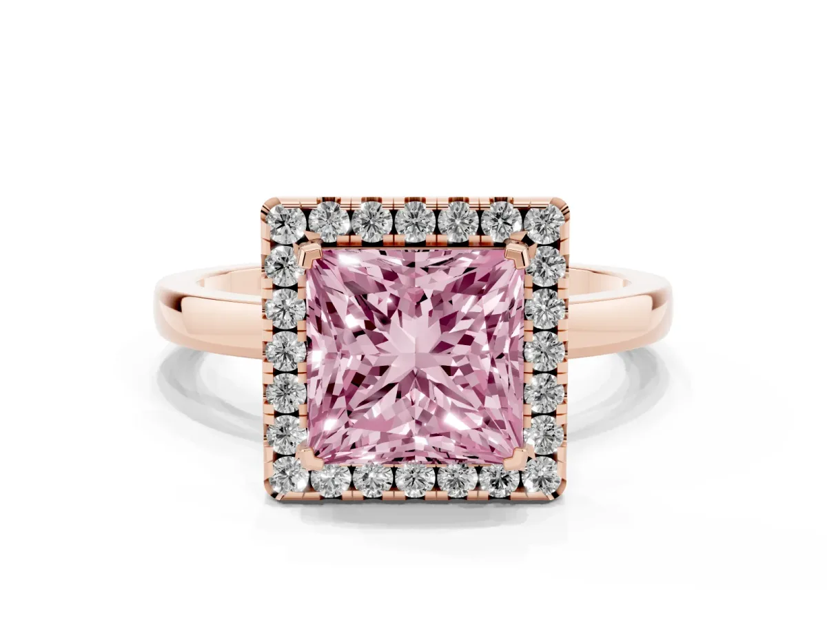 Fancy Pink Princess Cut Halo Diamond Solitaire with Pavé Band and Four-Prong Setting Rose gold