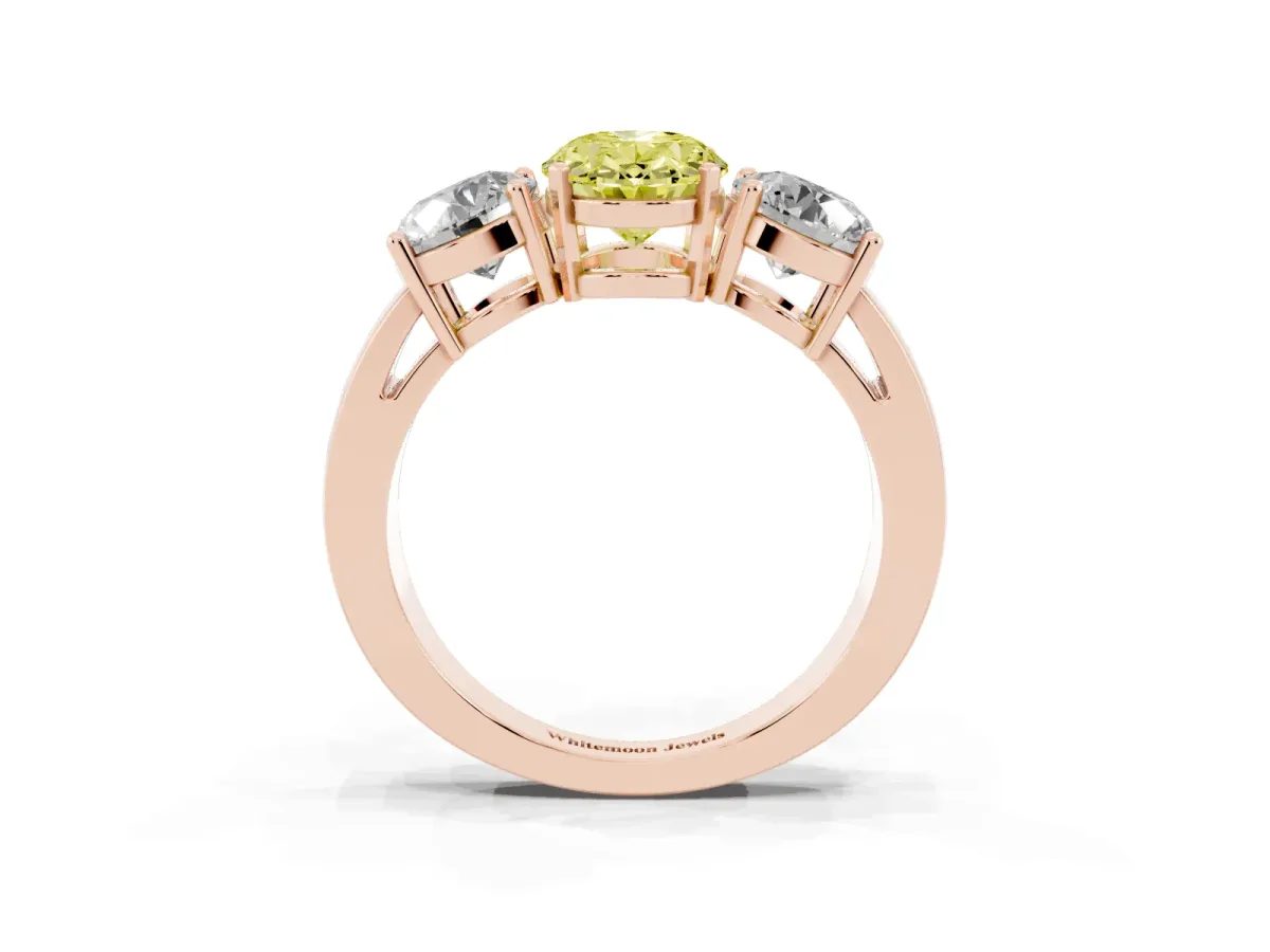 Fancy Yellow Three-Stone Oval Cut Diamond Ring with Round Side Stones, Classic Band, and Four-Prong Setting Rose gold