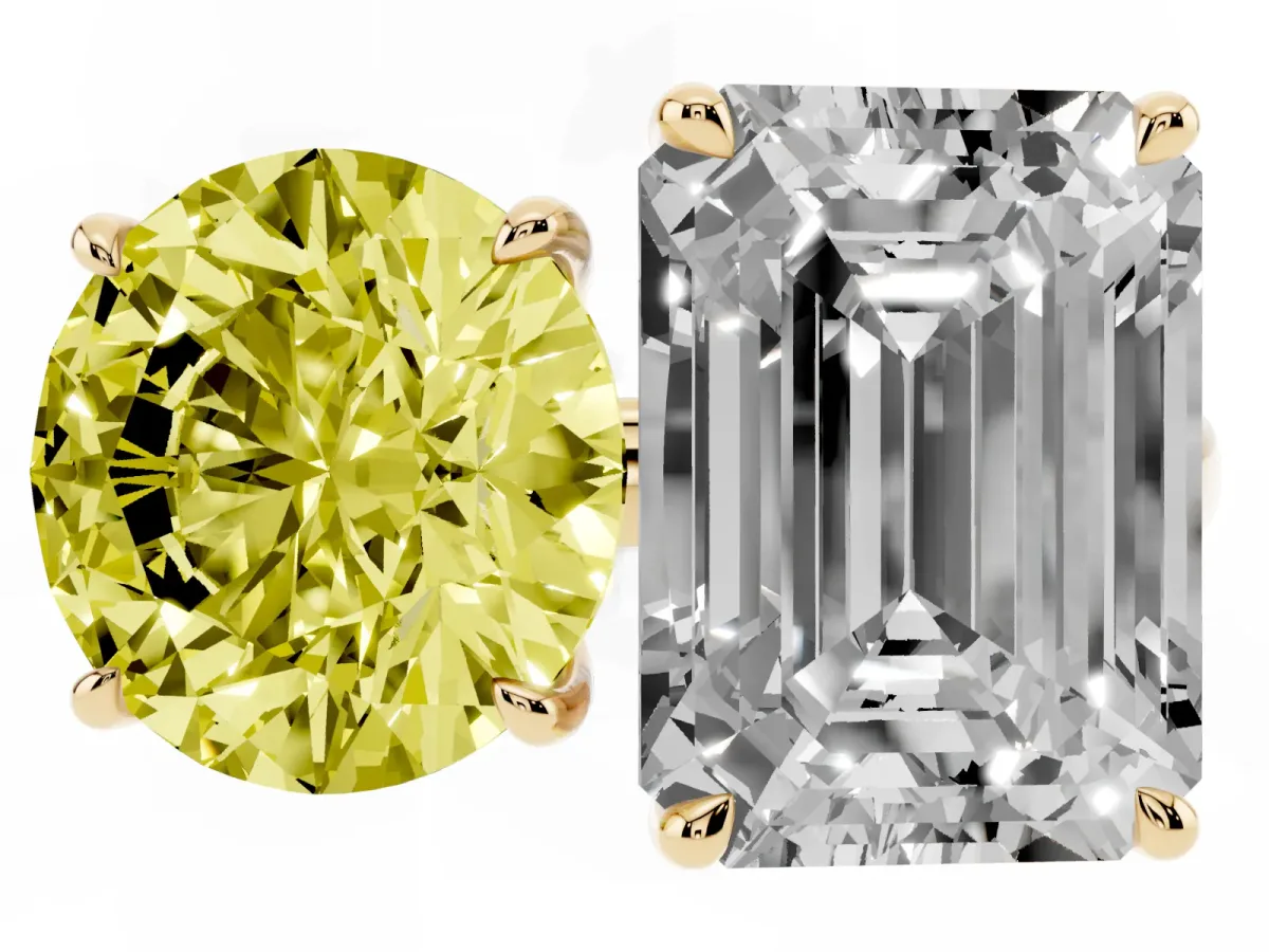 Fancy Yellow Round Cut and Emerald Cut Toi Moi Ring with Prong Setting Yellow gold