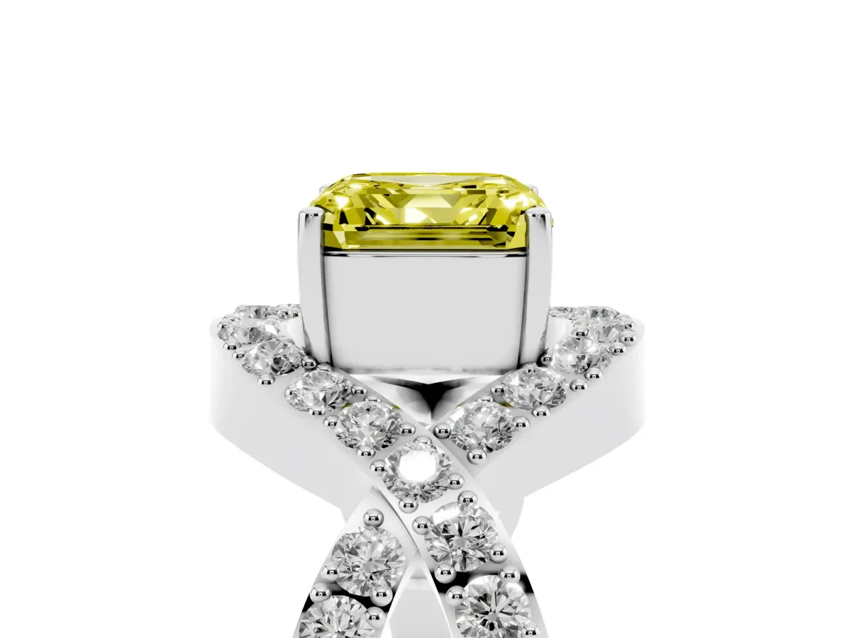 Fancy Yellow Asscher Cut Solitaire Twist Band Pavé Diamond Engagement Ring Silver