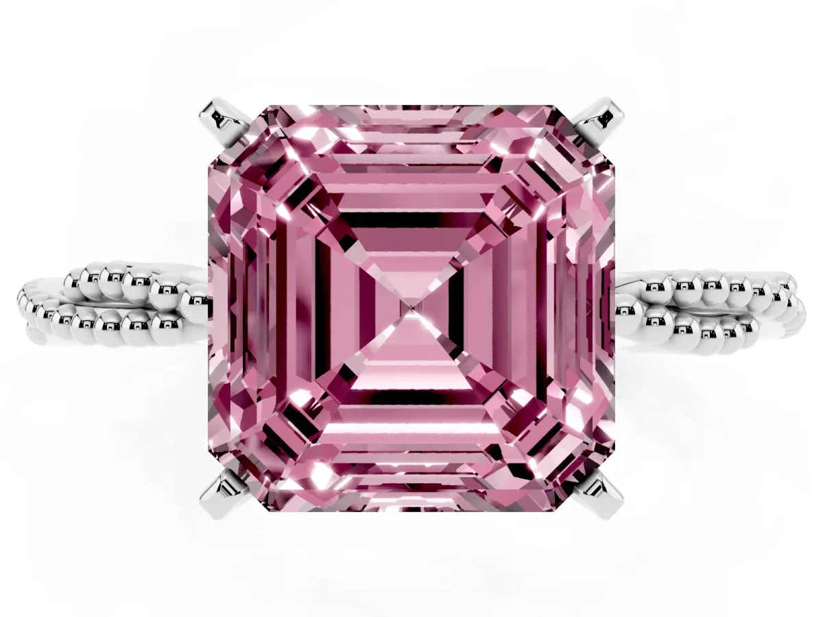 Fancy Pink Asscher Cut Solitaire Twisted Band with Bead Prong Setting Silver