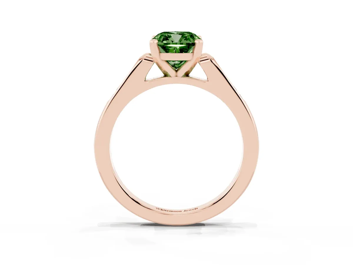 Fancy Green Cushion Cut Diamond Solitaire Ring with Channel Set Round Band and Prong Setting Rose gold
