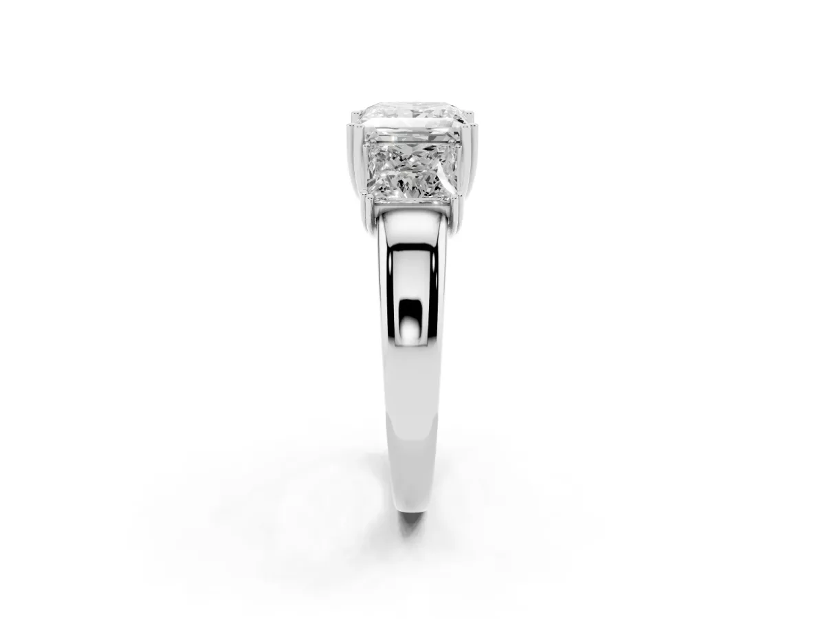 Three-Stone Princess Cut Cut Diamond Ring with Channel Set Band and Four-Prong Setting Silver