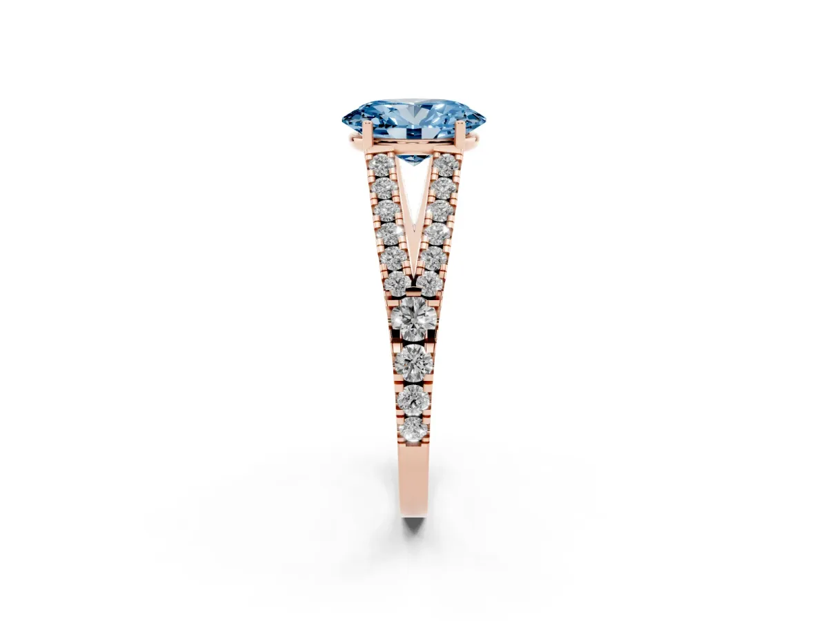 Fancy Blue Oval Cut Diamond Split Shank Pavé Engagement Ring with Four-Prong Setting Rose gold