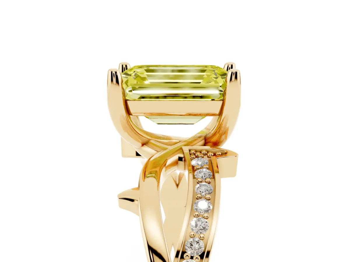Fancy Yellow Emerald Cut Solitaire Twist Band with Pavé Accents and Four-Prong Setting Yellow gold