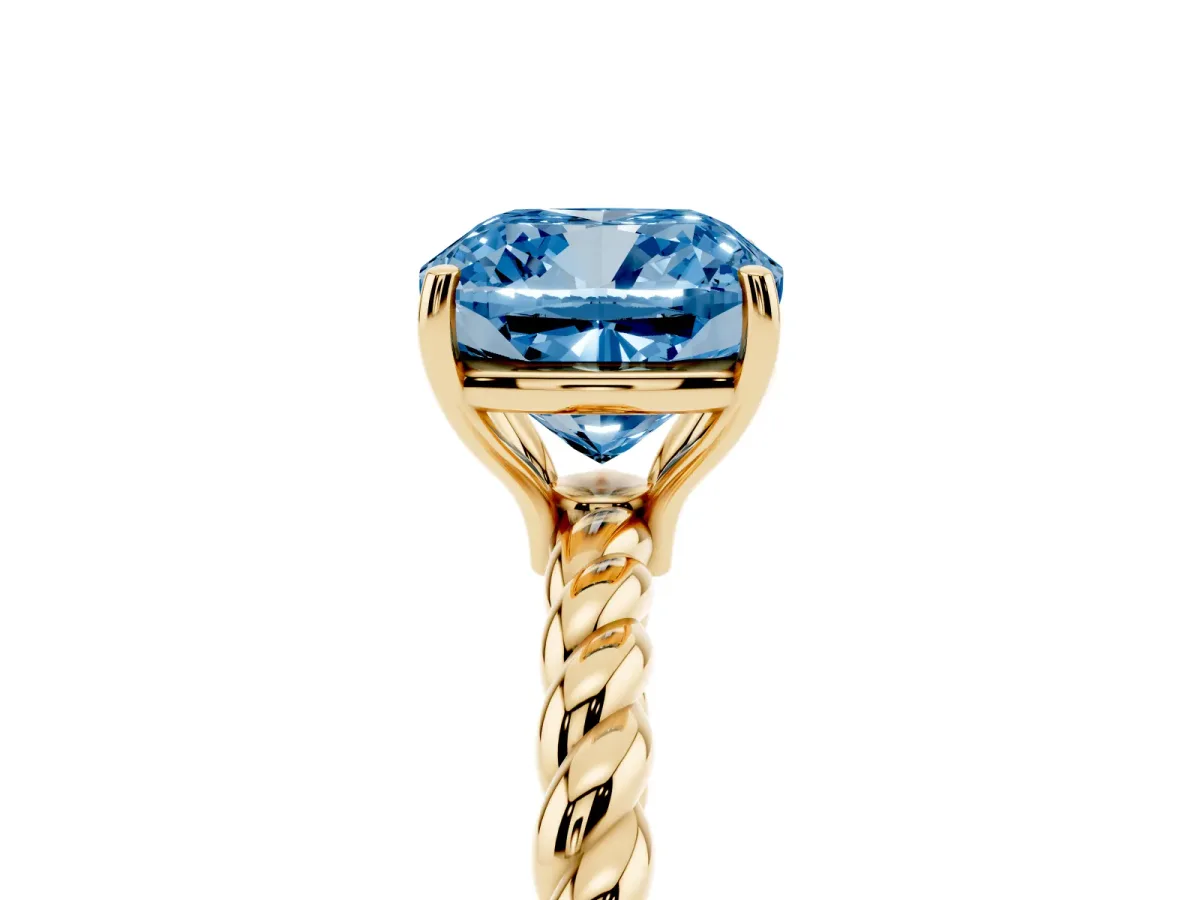 Fancy Blue Cushion Cut Solitaire Twisted Band 4-Prong Ring Yellow gold