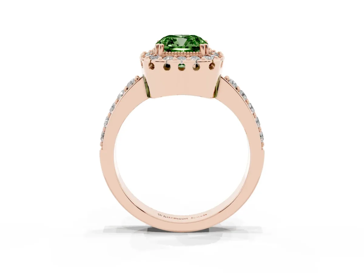Fancy Green Cushion Cut Diamond Halo Ring with Pavé Band and Prong Setting Rose gold