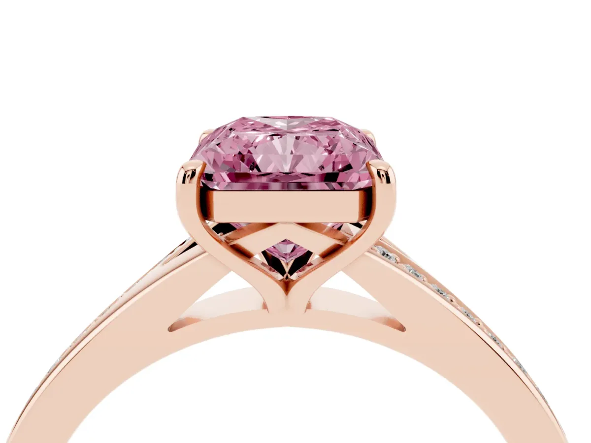 Fancy Pink Radiant Cut Diamond Solitaire Ring with Pavé Band and Prong Setting Rose gold
