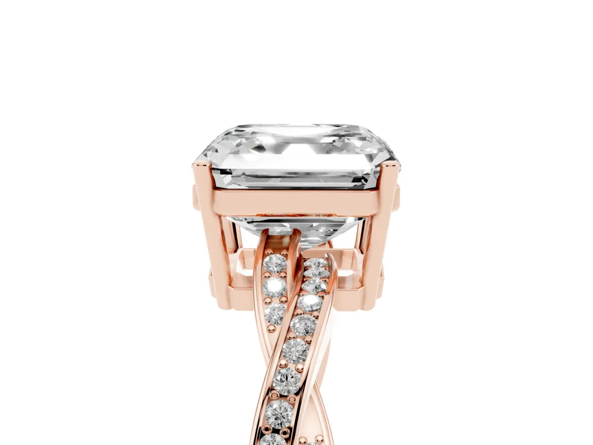Asscher Cut Solitaire Twisted Pave Diamond Ring with Four-Prong Setting Rose gold