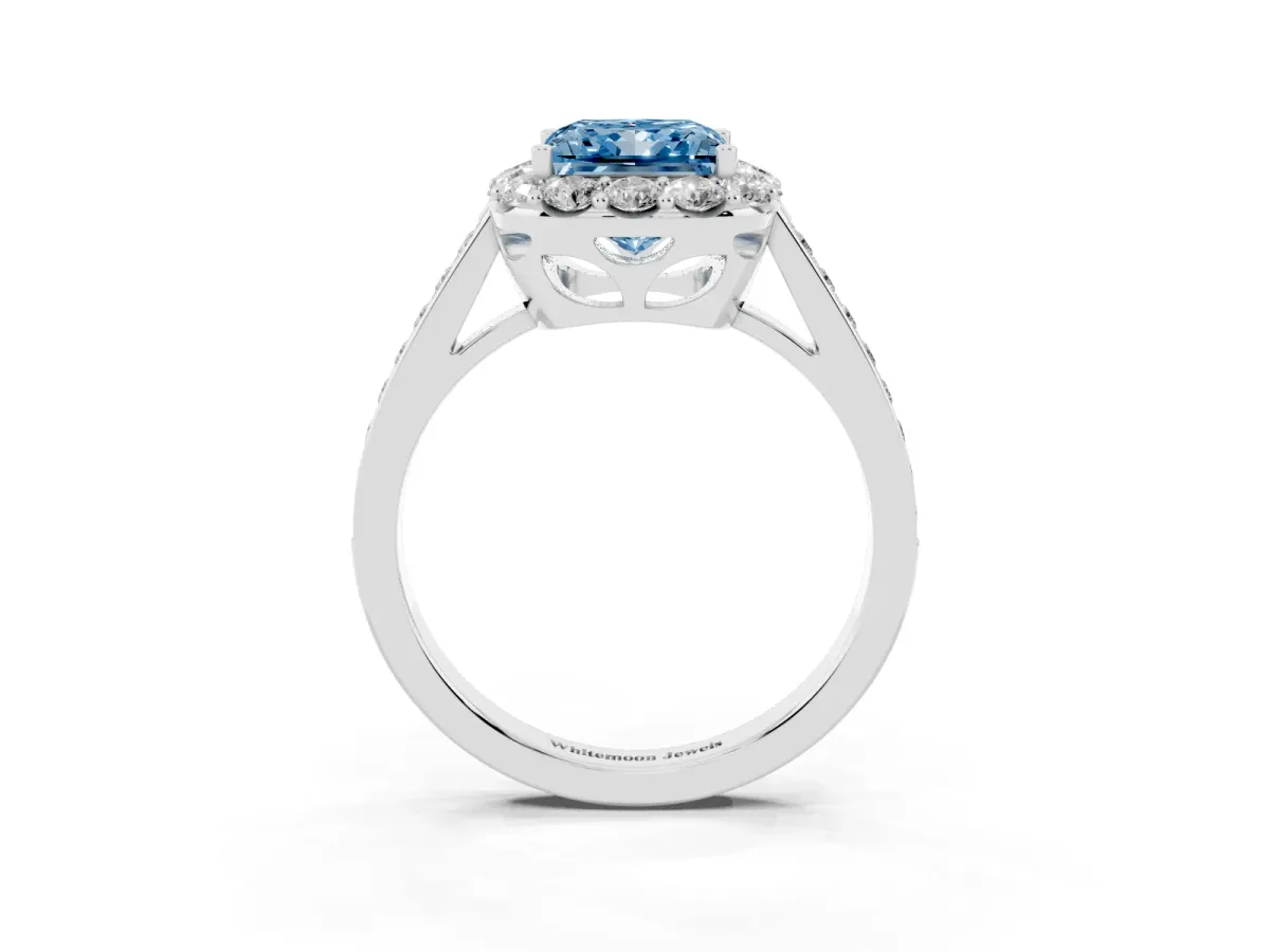 Fancy Blue Princess Cut Diamond Floral Halo Ring with Pavé Band and Prong Setting Silver
