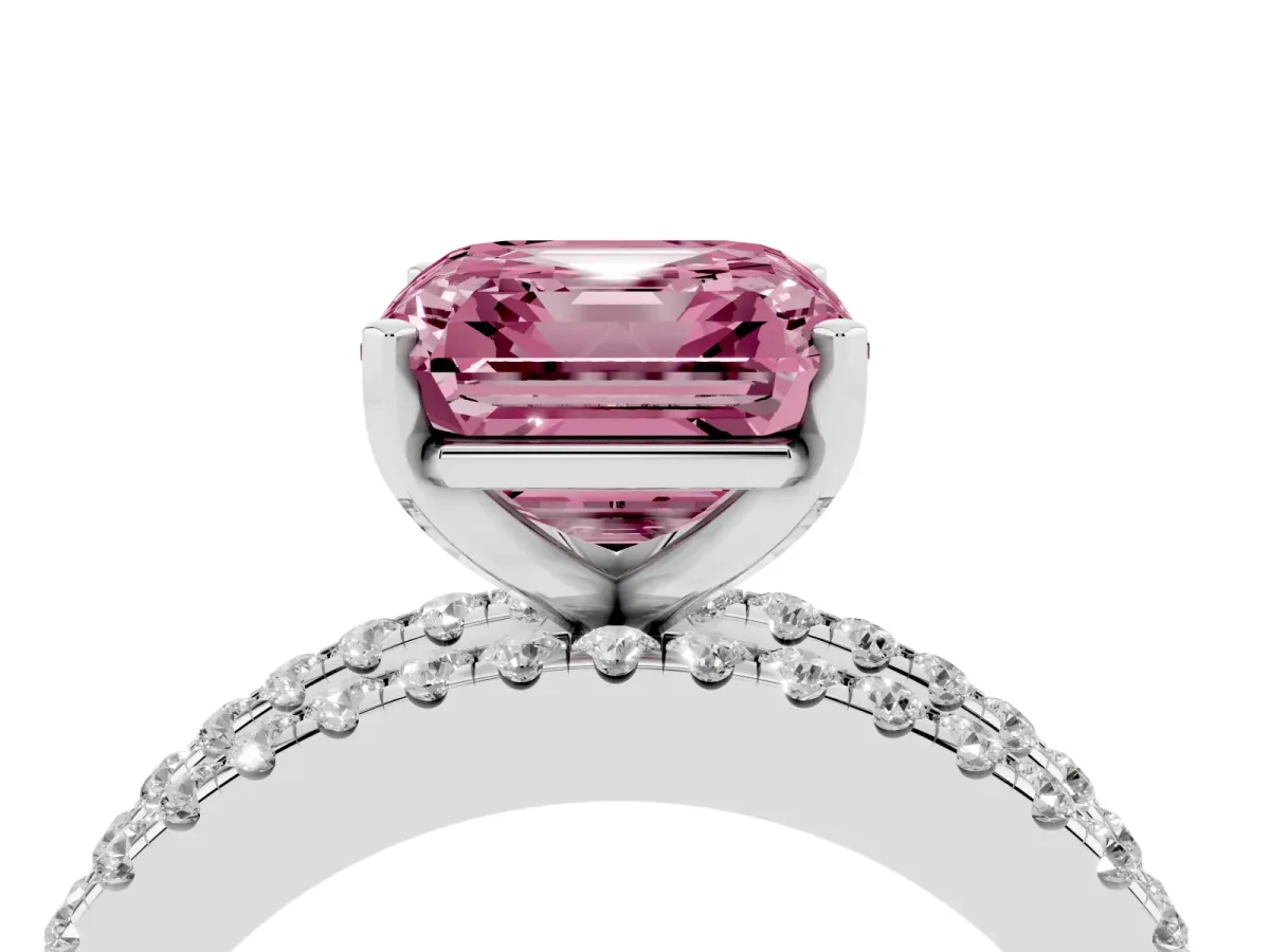 Fancy Pink Asscher Cut Diamond Solitaire Ring with Pavé and Channel Set Band Silver
