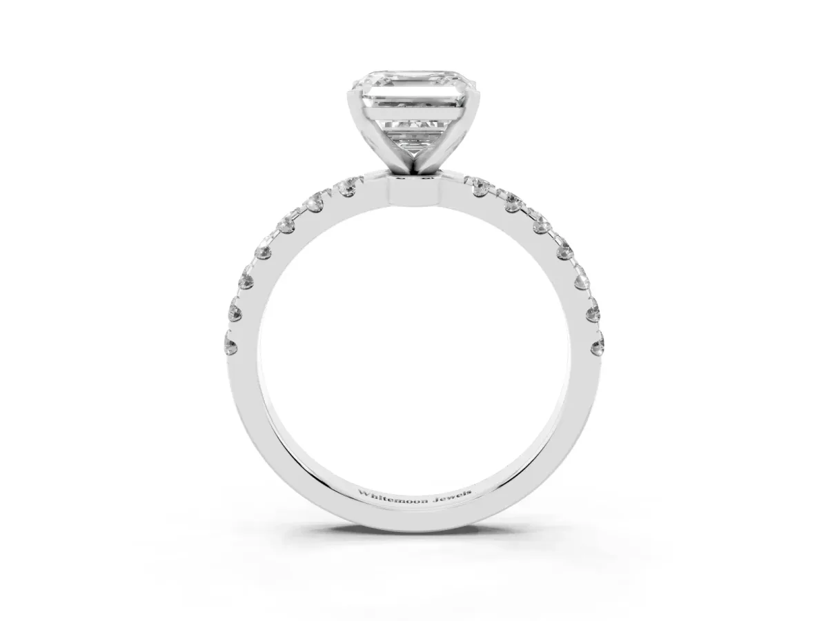 Asscher Cut Diamond Solitaire Ring with Pavé Accents and Four-Prong Setting Silver
