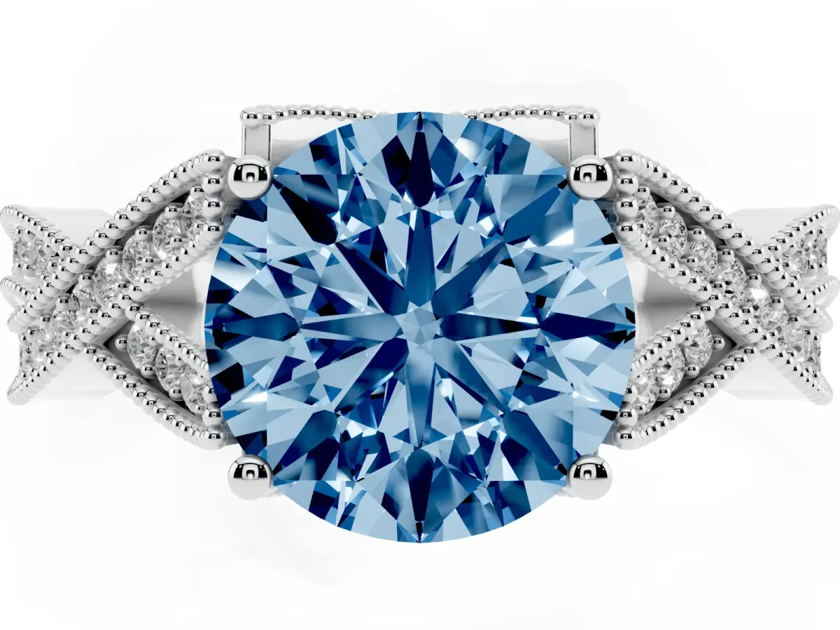 Fancy Blue Round Cut Cut Diamond Twisted Band with Milgrain Pave Setting and Four-Prong Setting Silver