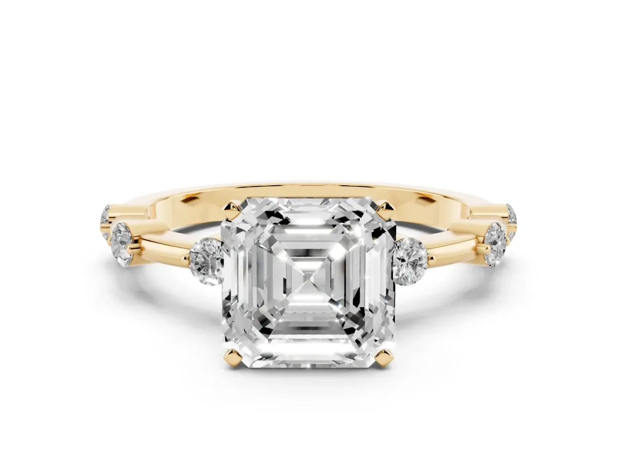 Asscher Cut Solitaire Diamond Ring with Bezel Set Side Stones and Prong Setting Yellow gold