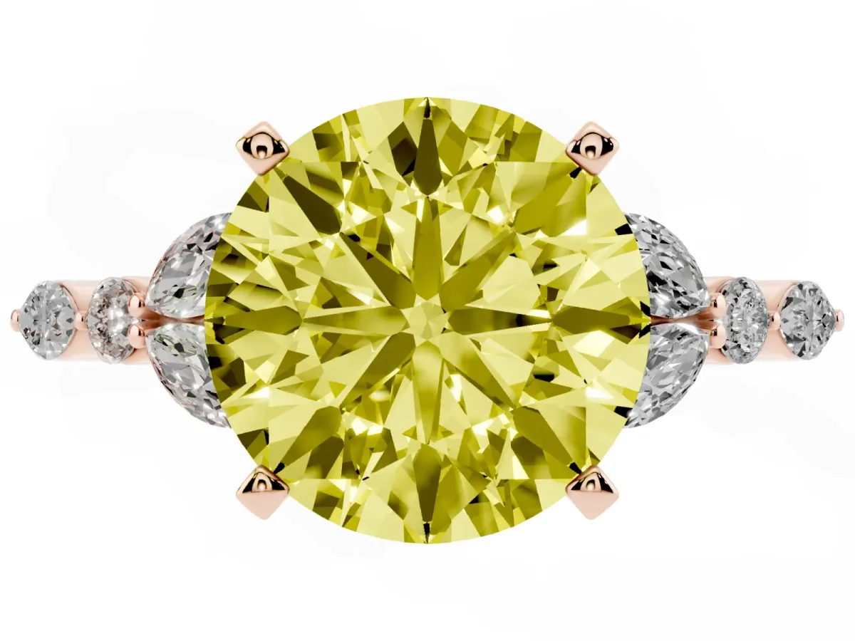 Fancy Yellow Round Cut Diamond Solitaire Ring with Side Stones and Four-Prong Setting Rose gold