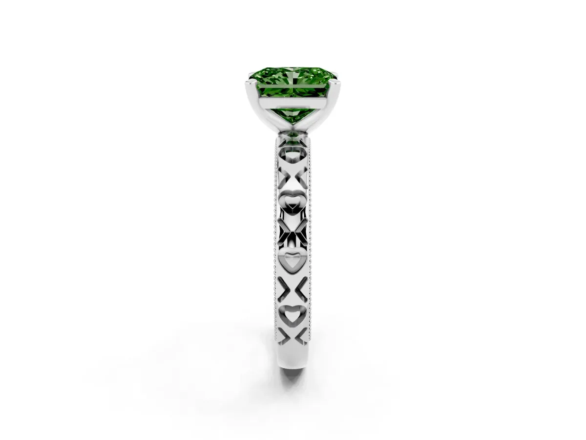 Fancy Green Radiant Cut Solitaire Diamond Engagement Ring with XO Engraved Band and Four-Prong Setting White gold
