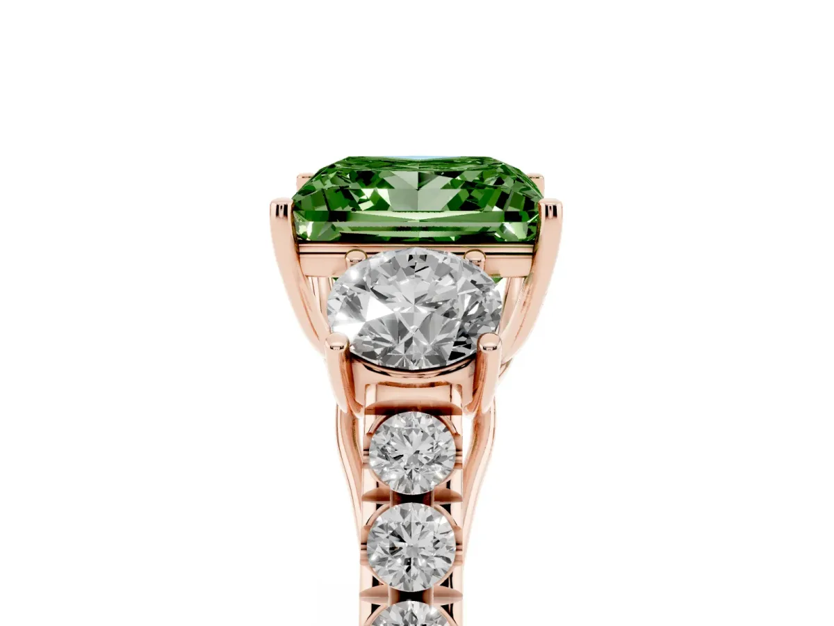 Fancy Green Princess Cut Cut Diamond Three-Stone Ring with Round Side Stones and Pavé Band Rose gold