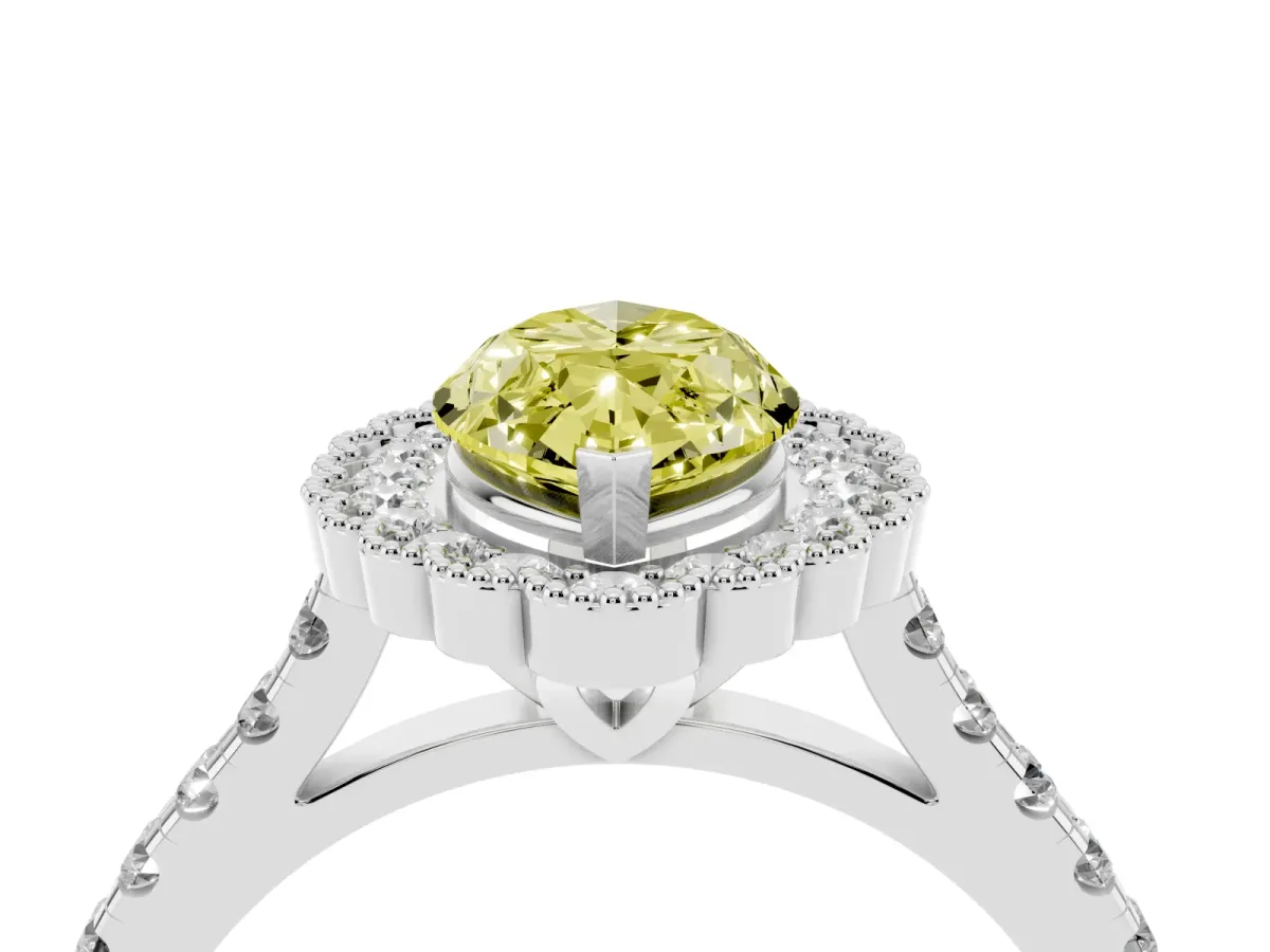 Fancy Yellow Marquise Cut Cut Diamond Milgrain Floral Halo Engagement Ring with Pavé Band White gold