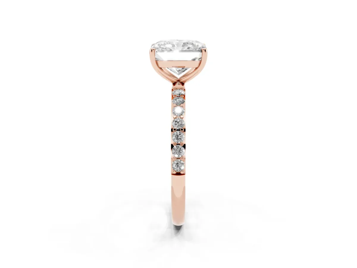 Radiant Cut Diamond Solitaire Ring with Round Pavé Shoulders and Prong Setting Rose gold