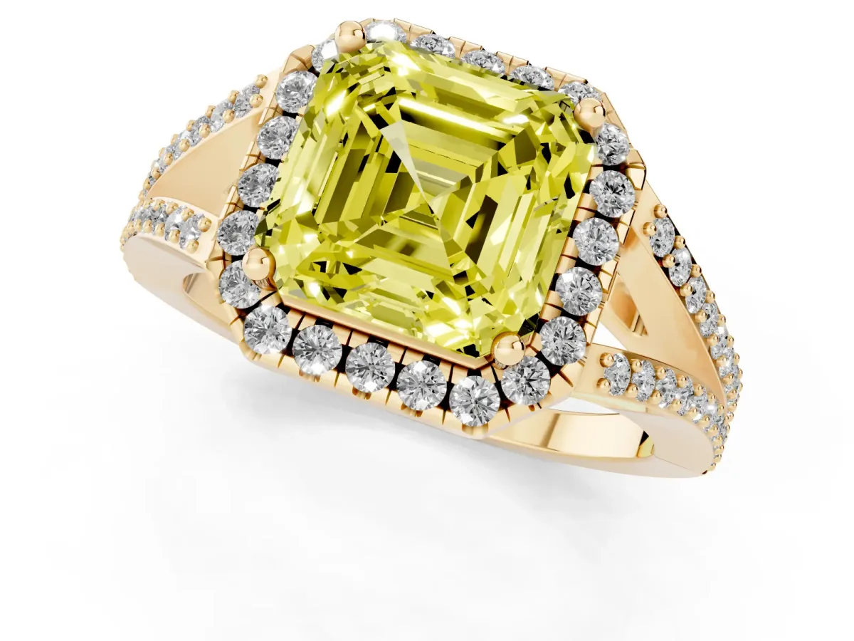 Fancy Yellow Asscher Cut Halo Split Shank Diamond Ring with Prong Setting Yellow gold