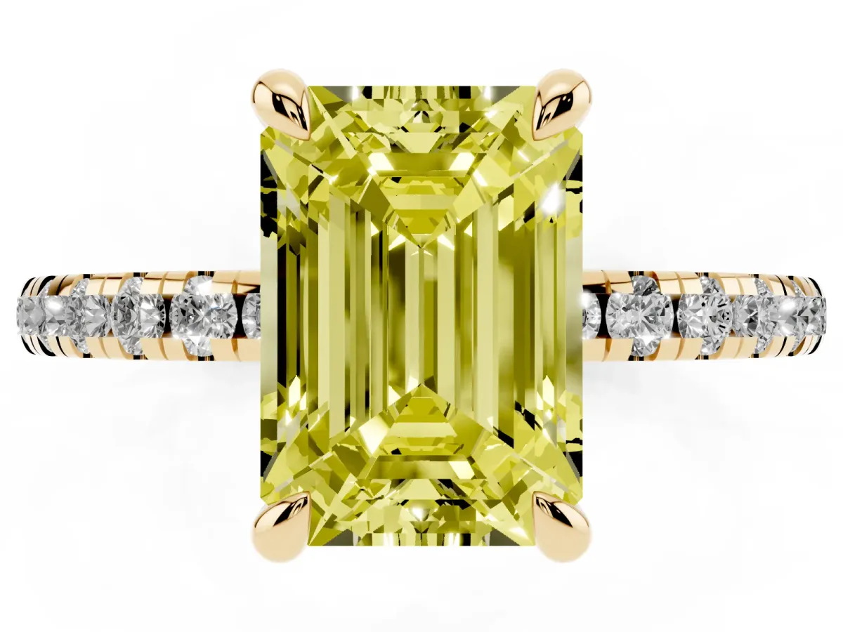 Fancy Yellow Emerald Cut Diamond Brilliant Solitaire Ring with Pavé Band and Four-Prong Setting Yellow gold