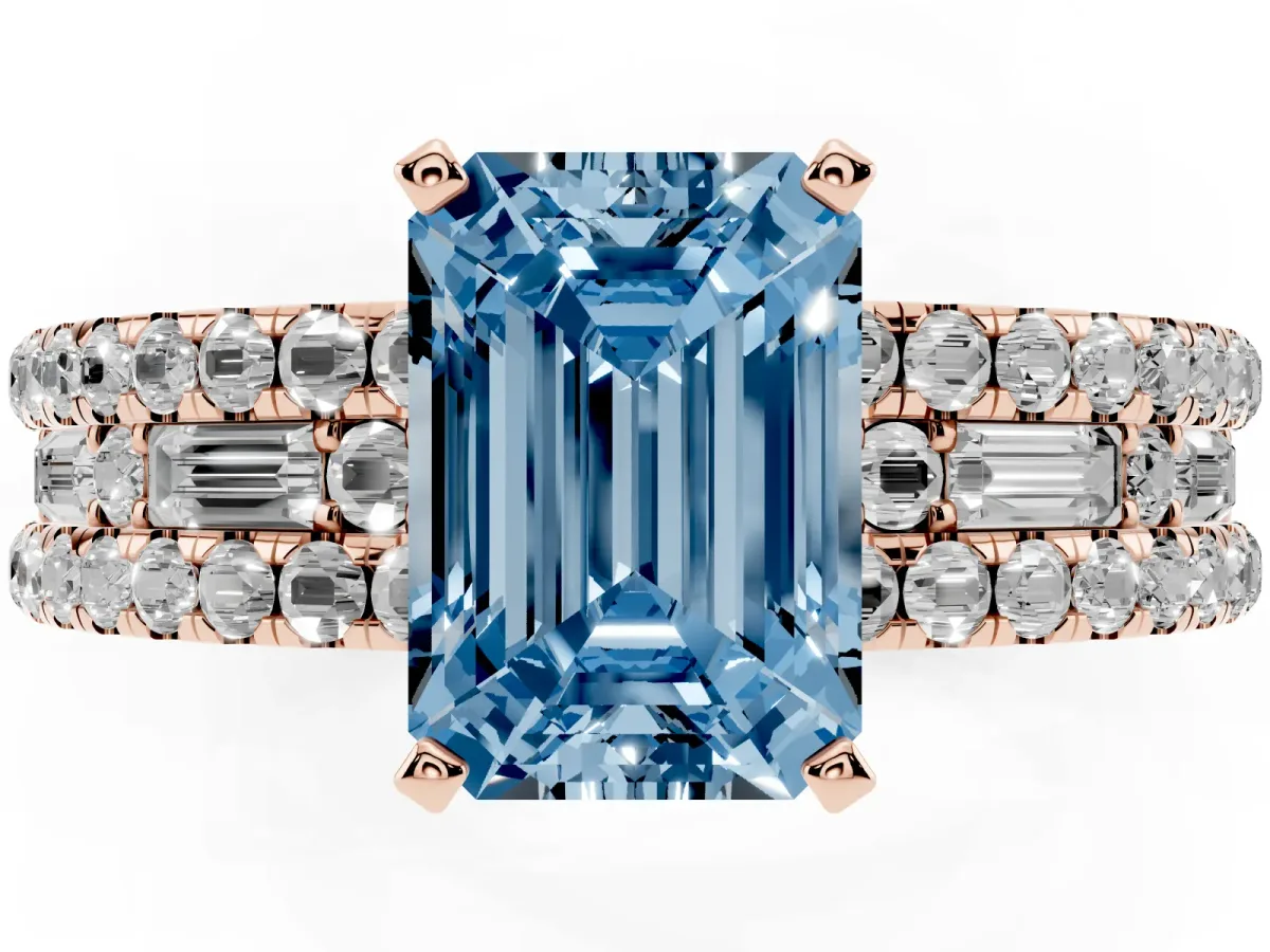 Fancy Blue Emerald Cut Diamond Solitaire Ring with Pavé and Channel Set Band Rose gold