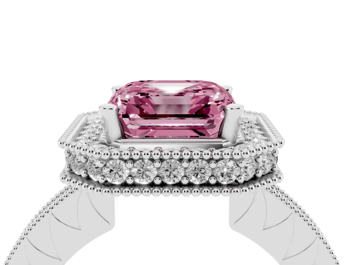 Fancy Pink Asscher Cut Diamond Milgrain Halo Engagement Ring with Round Pavé Band and Prong Setting Platinum