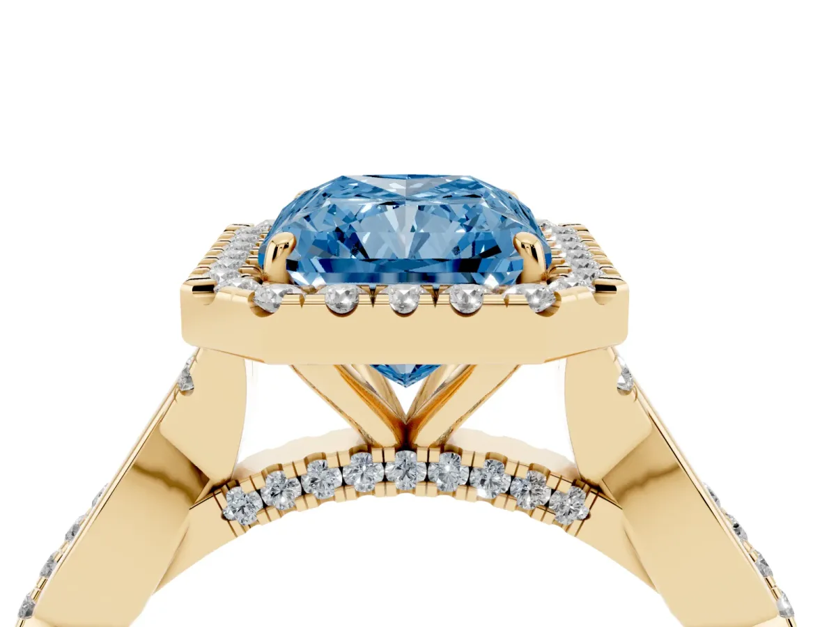 Fancy Blue Radiant Cut Halo Twist Band Solitaire Ring Yellow gold