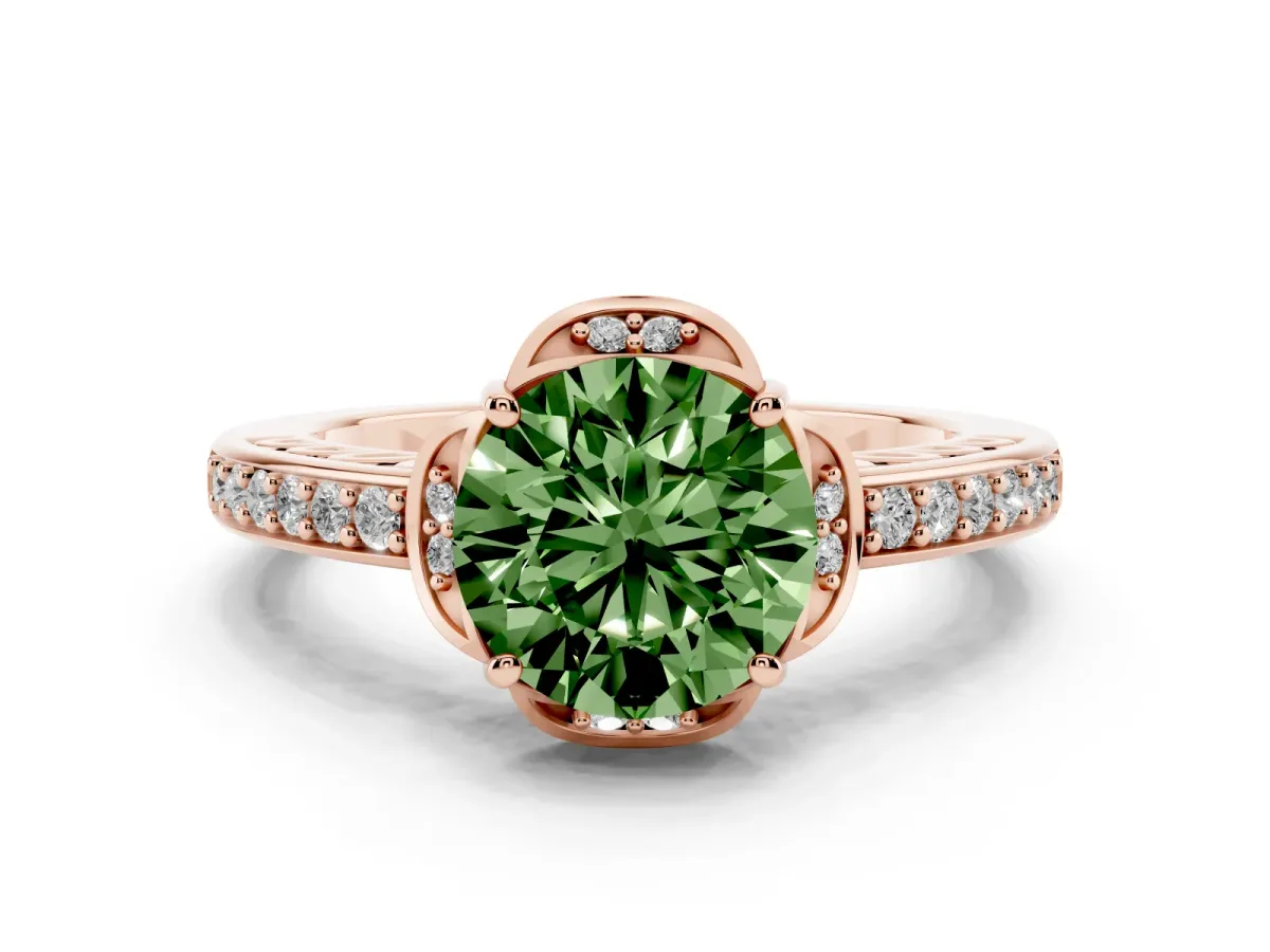 Fancy Green Round Cut Cut Halo Diamond Ring with Channel Set Band and Four-Prong Setting Rose gold