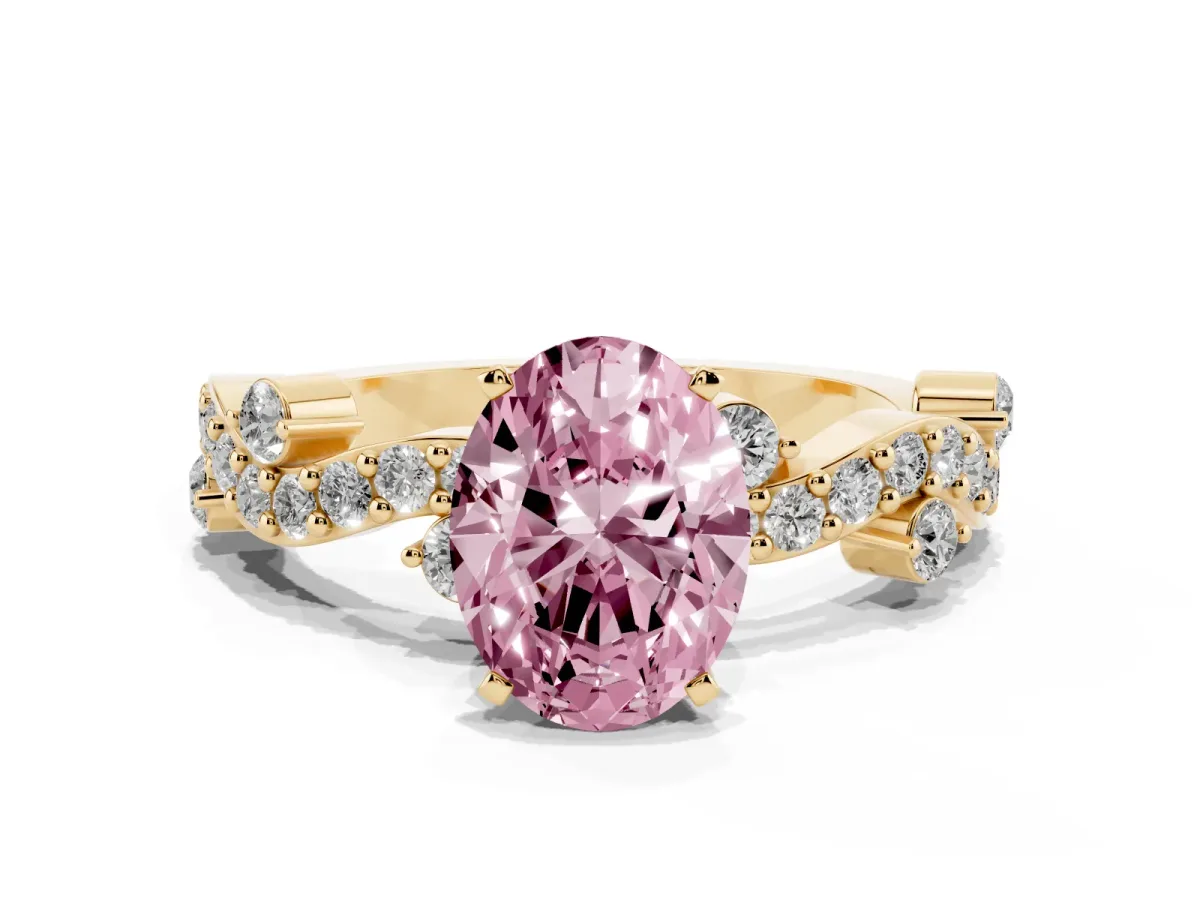 Fancy Pink Oval Cut Cut Solitaire Diamond Twisted Band with Pave Setting Yellow gold