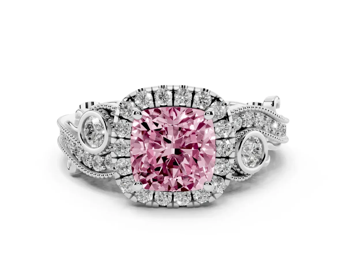 Fancy Pink Cushion Cut Diamond Halo Ring with Milgrain Pavé Band and Four-Prong Setting Silver