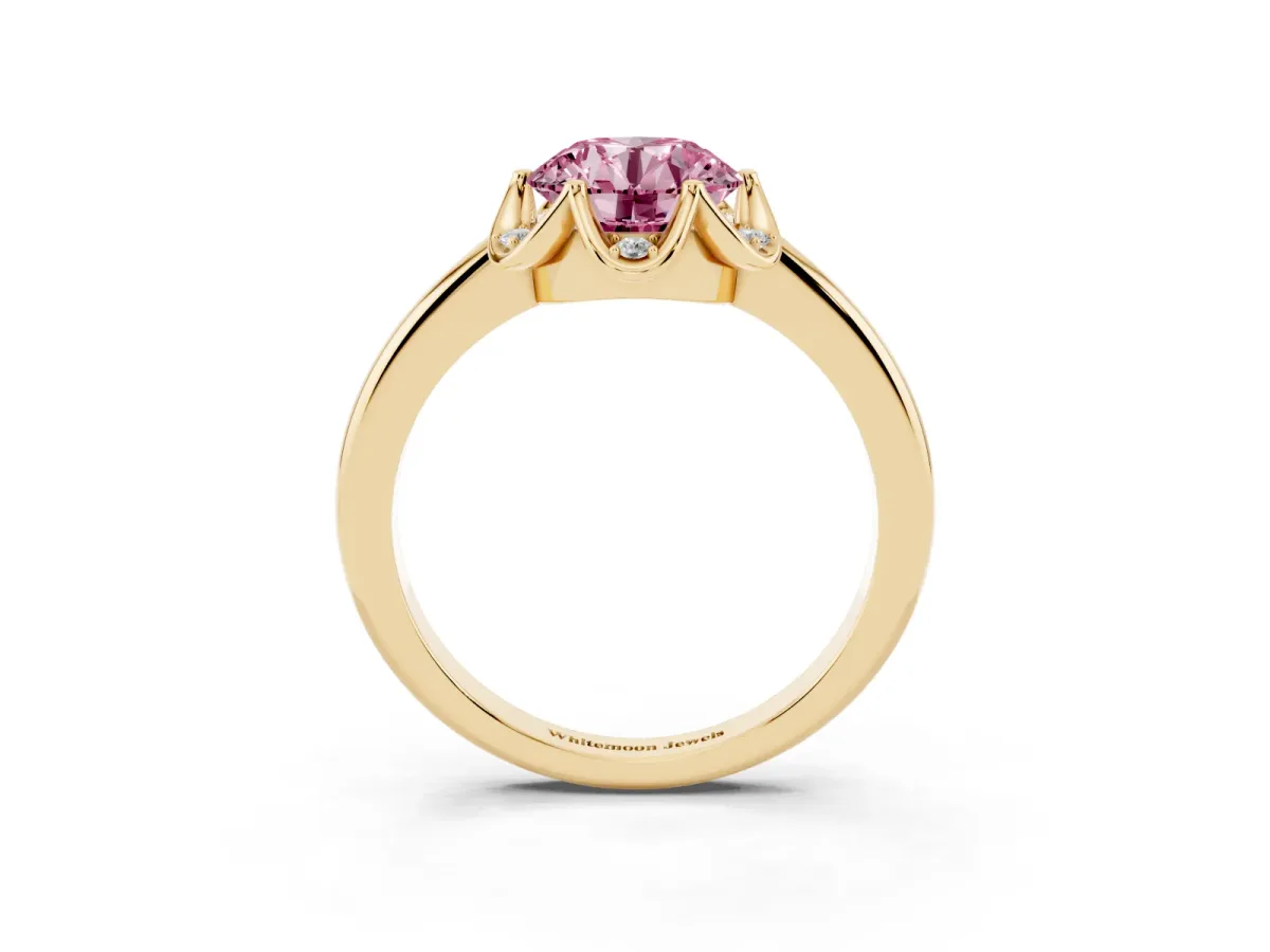 Fancy Pink Round Cut Halo Diamond Ring with Round Cluster Setting, Solitaire Band, and Four-Prong Setting Yellow gold