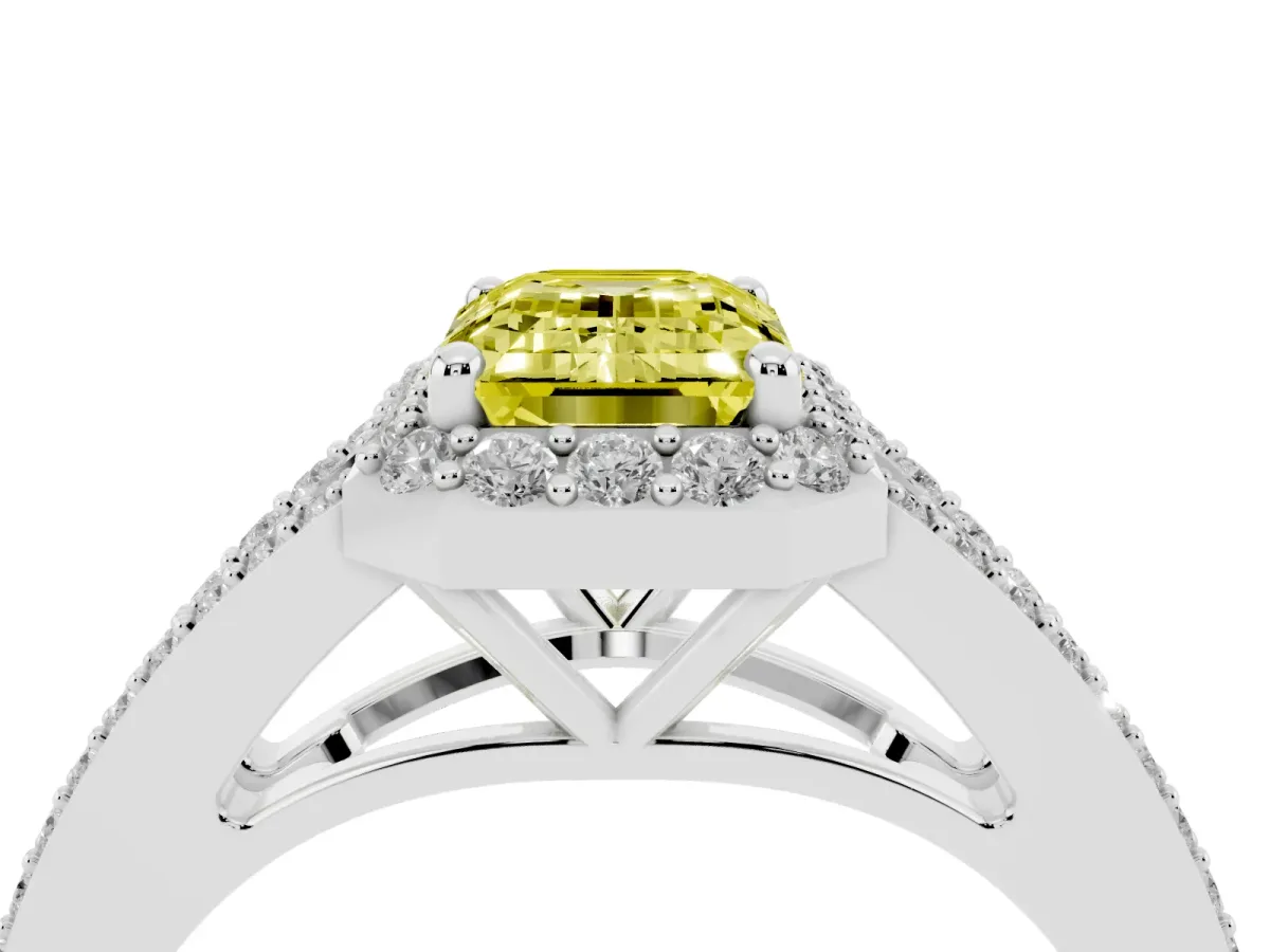 Fancy Yellow Emerald Cut Halo Split Shank Diamond Ring with Prong Setting Platinum