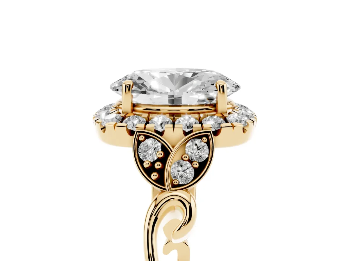 Oval Cut Halo Diamond Engagement Ring with Vintage-Inspired Band and Four-Prong Setting Yellow gold