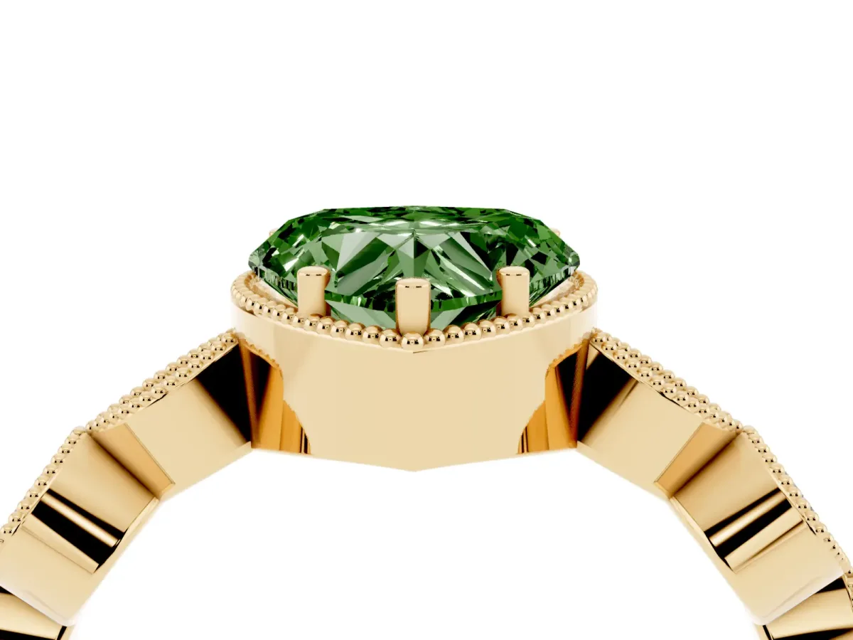 Fancy Green Heart Cut Diamond Vintage Milgrain Ring with Round Stations Yellow gold