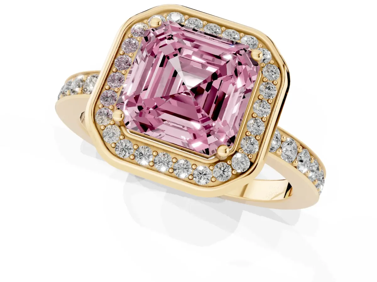 Fancy Pink Asscher Cut Diamond Halo Ring with Bezel Frame and Pavé Band Yellow gold