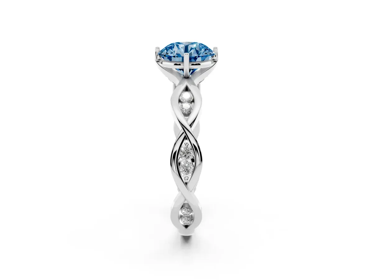 Fancy Blue Round Cut Solitaire Twist Band with Leaf Prong Setting Platinum