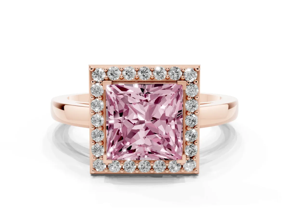 Fancy Pink Princess Cut Halo Diamond Ring with Solitaire Band and Prong Setting Rose gold