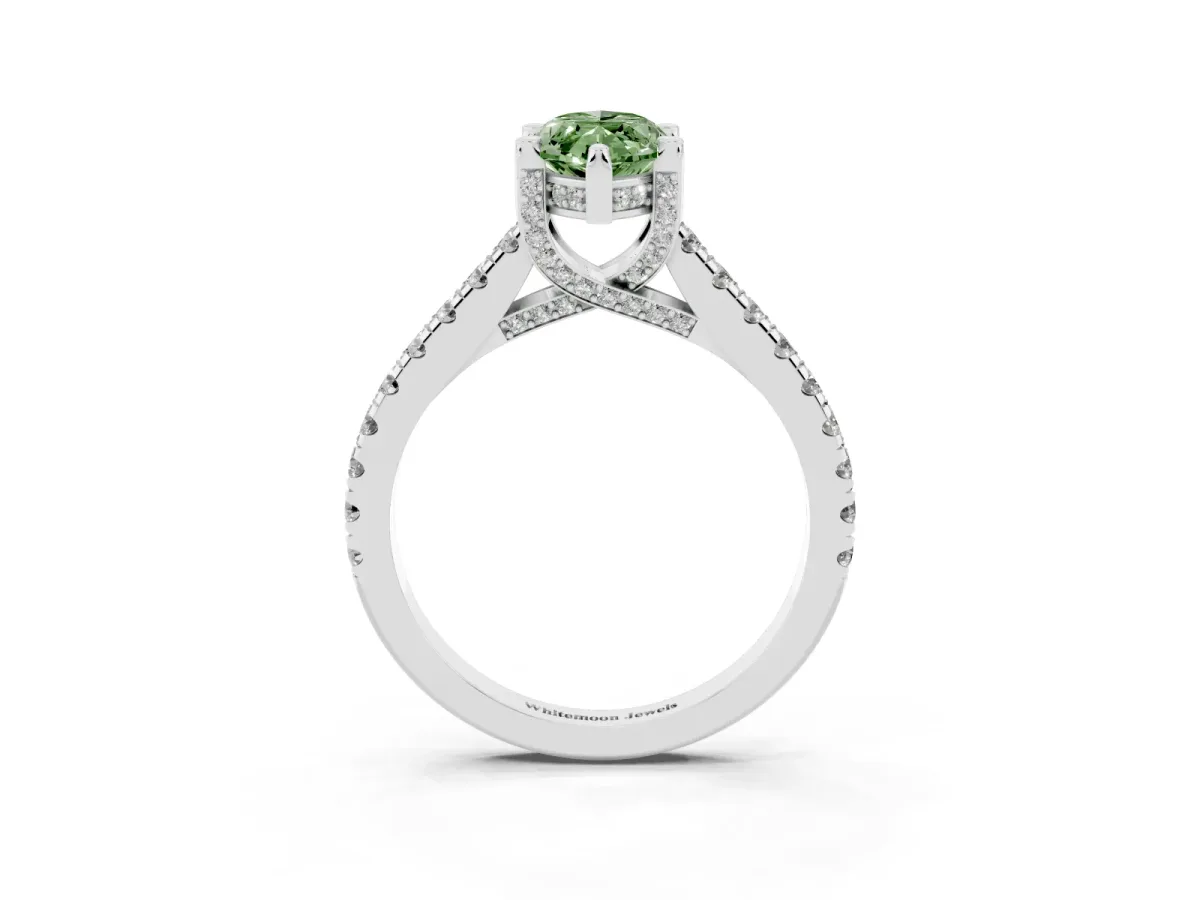 Fancy Green Marquise Cut Brilliant Diamond Solitaire with Pavé Band and Four-Prong Setting Silver