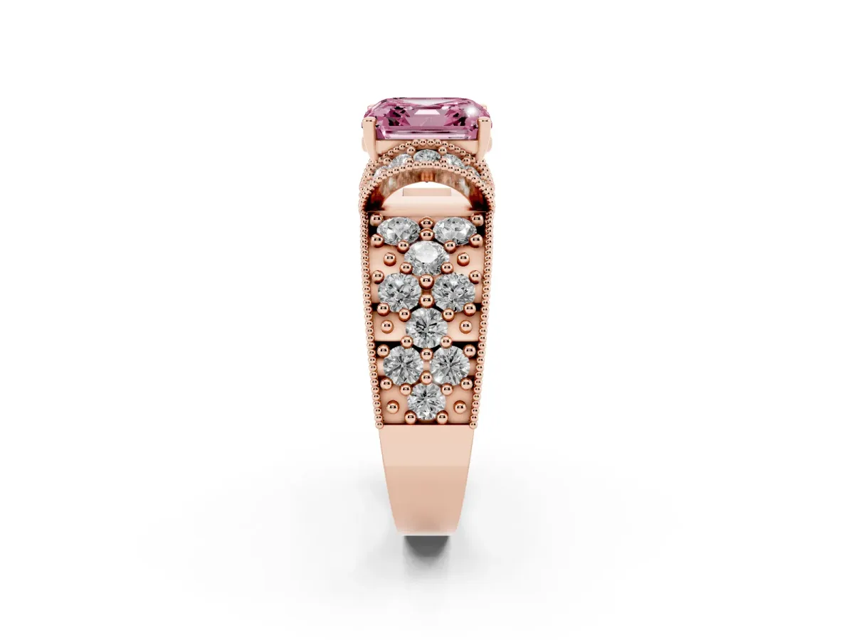 Fancy Pink Asscher Cut Halo Pave Diamond Engagement Ring with Milgrain Detailing Rose gold