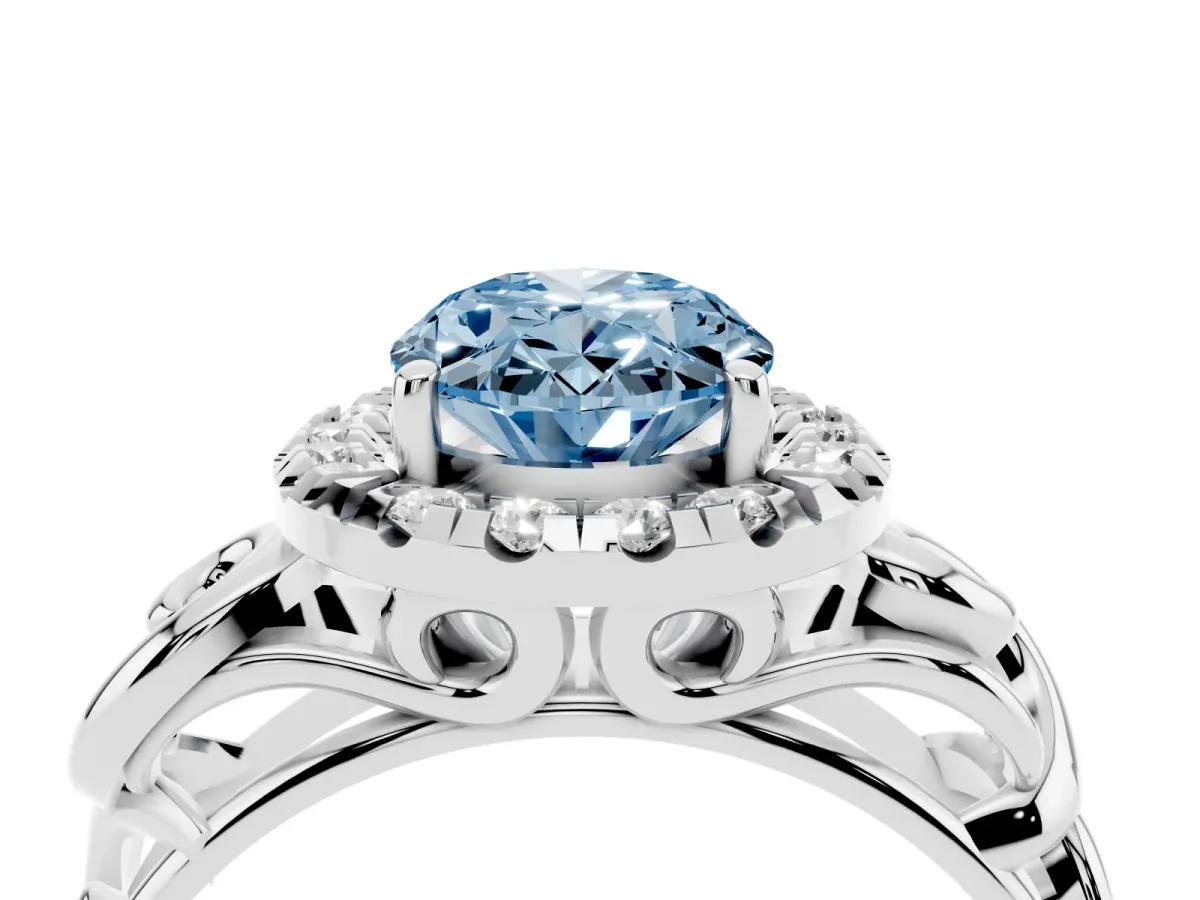 Fancy Blue Oval Cut Cut Halo Diamond Ring with Scrollwork Band and Four-Prong Setting Silver