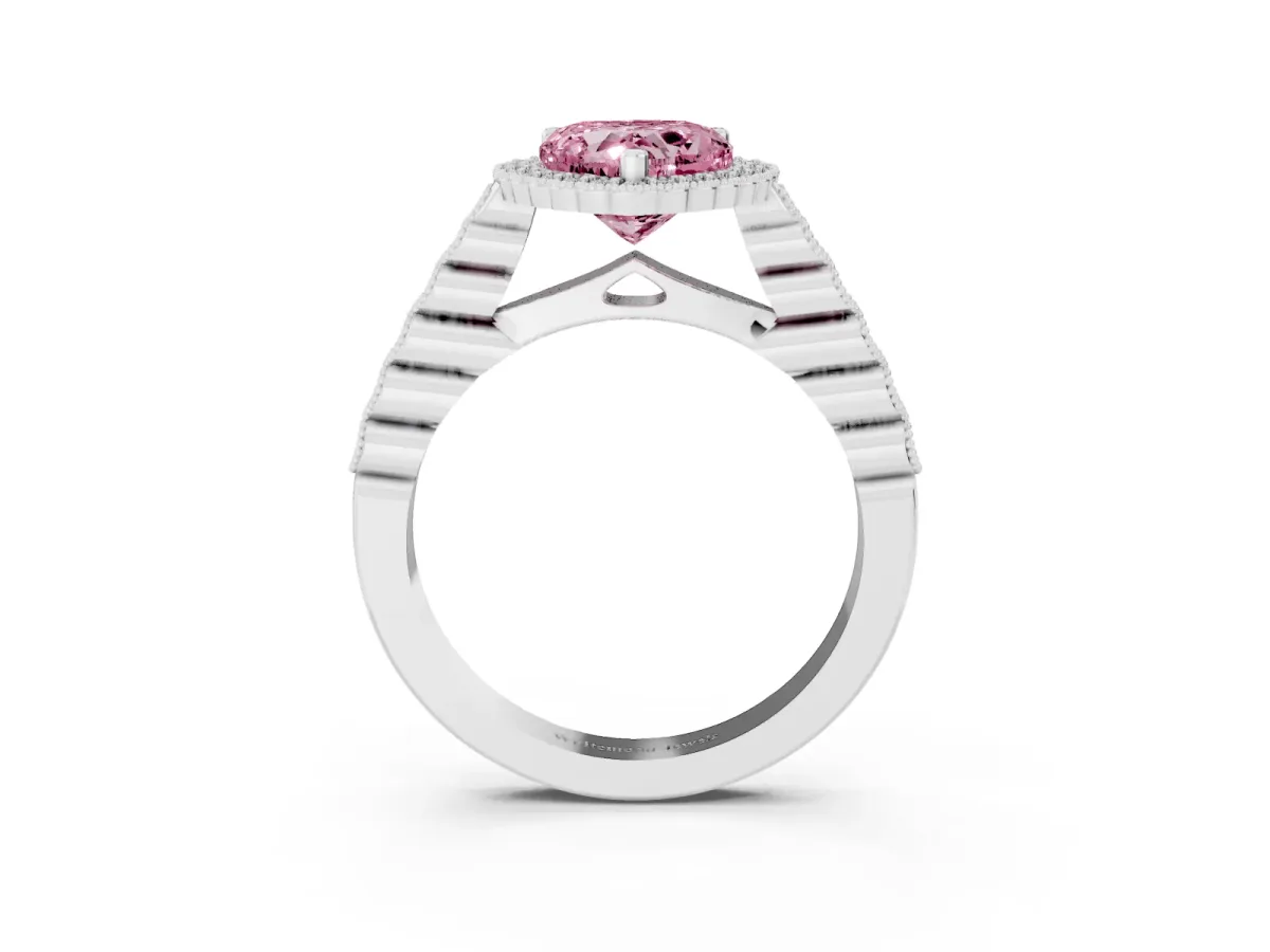 Fancy Pink Heart Cut Cut Halo Pavé Solitaire Ring with Milgrain Band Platinum