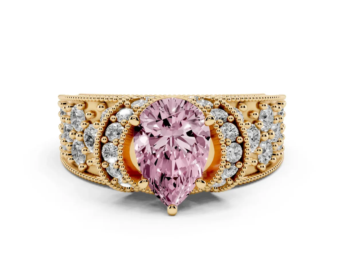 Fancy Pink Pear Cut Halo Pave Diamond Engagement Ring with Milgrain Detailing Yellow gold